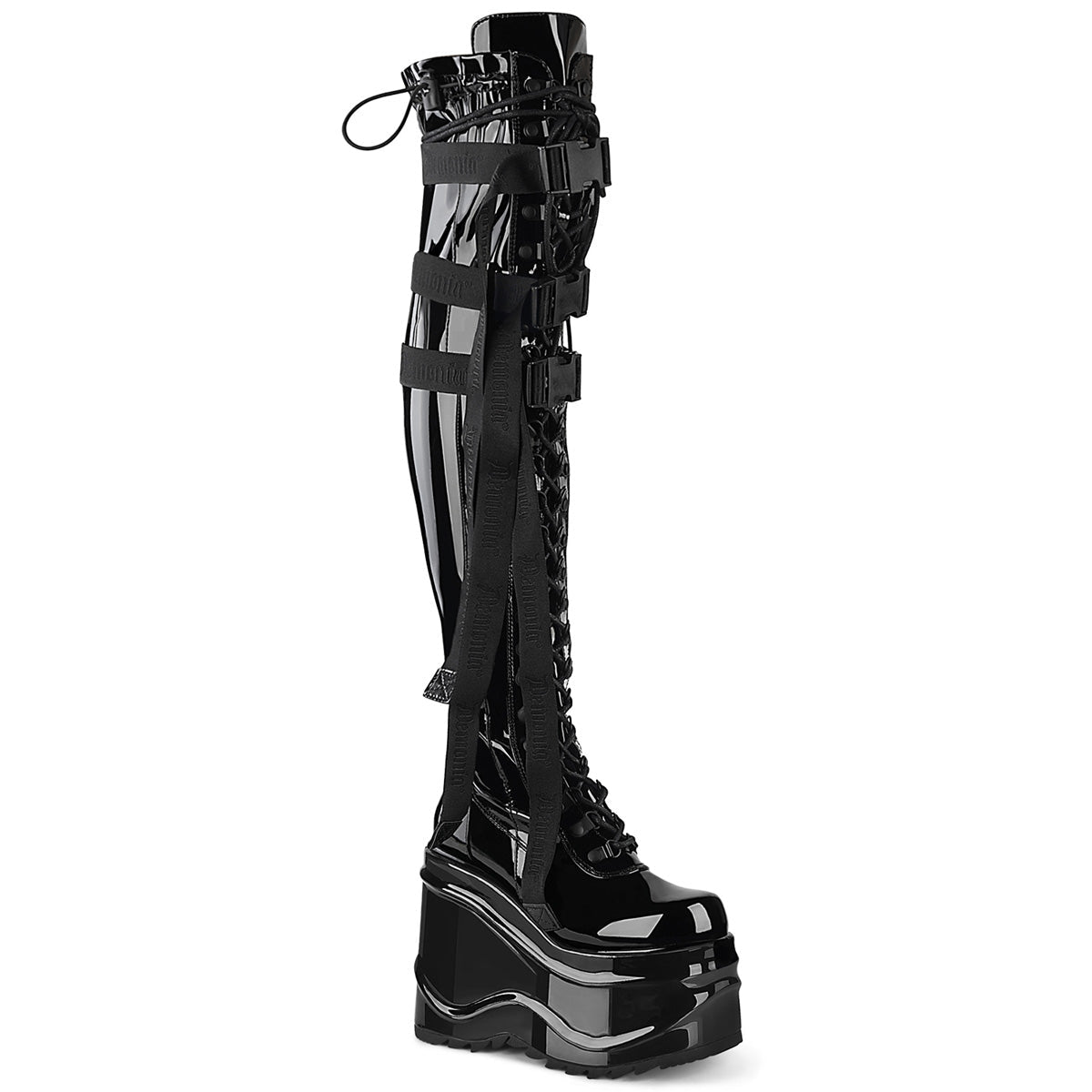 WAVE-315 Alternative Footwear Demonia Women's Over-the-Knee Boots Blk Stretch Pat