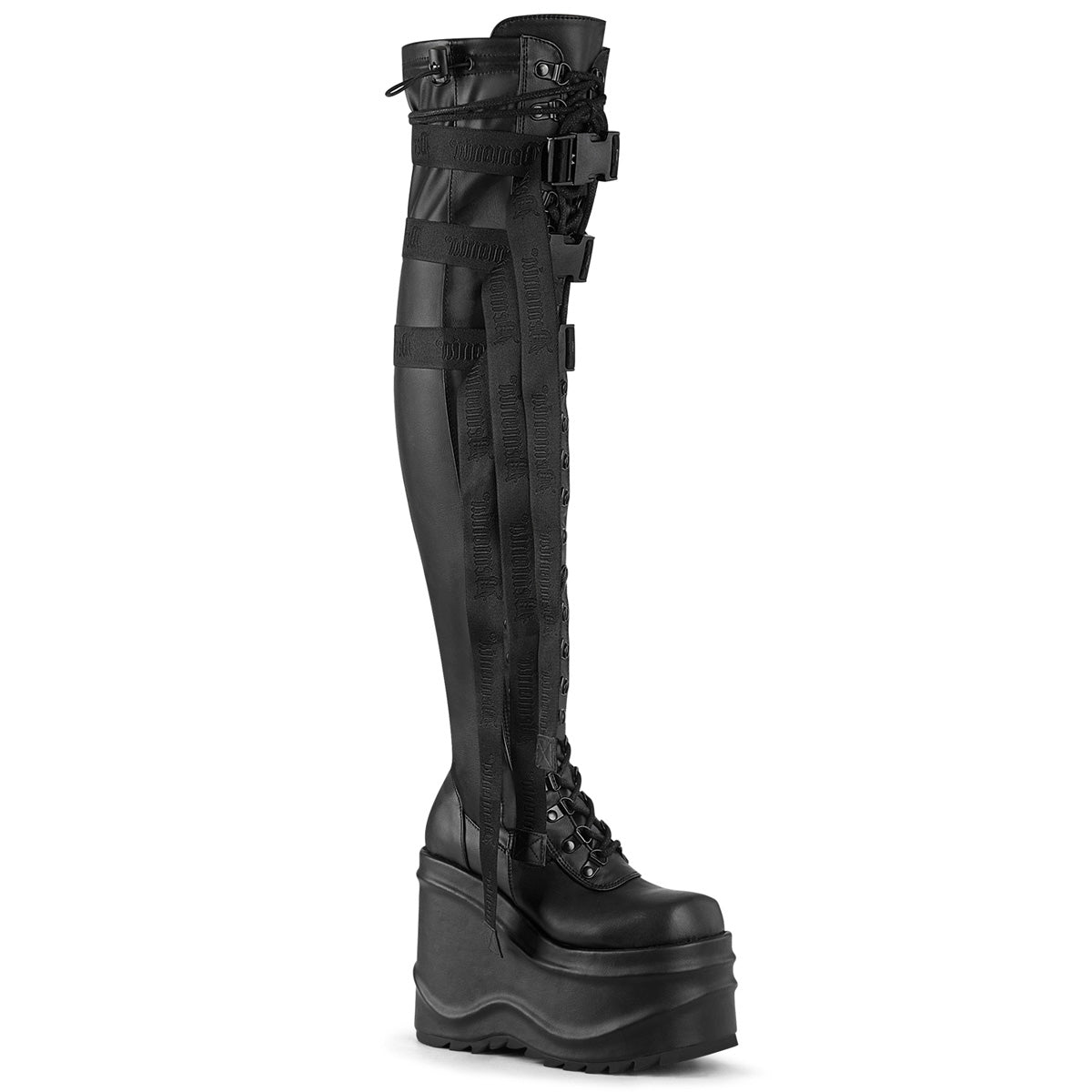 WAVE-315 Alternative Footwear Demonia Women's Over-the-Knee Boots Blk Stretch Vegan Leather